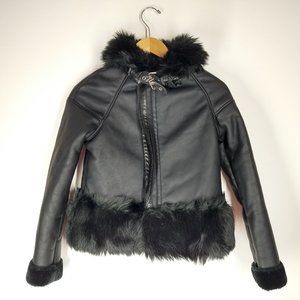 Shein Girls Black Winter Fur Coat With Faux Fur Trim Size S